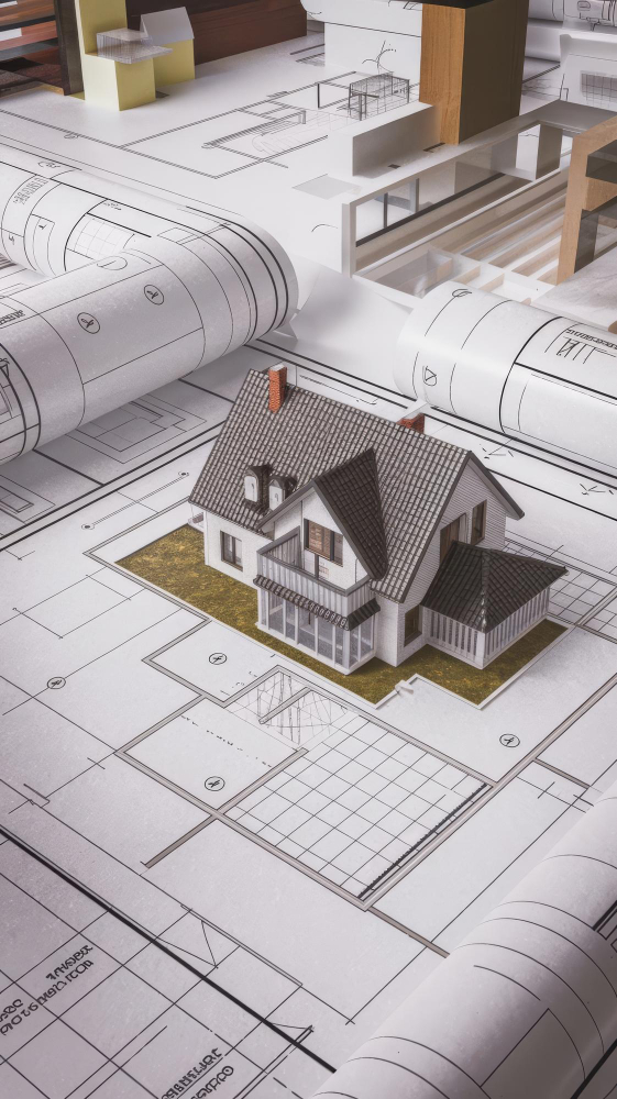 illustration du service droit de la construction avec une maquette de maison et des plans d'architecte